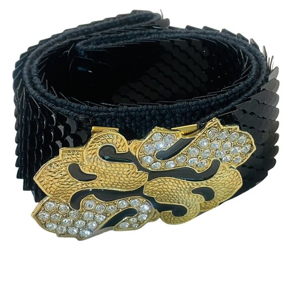 Vintage Gantos S Black Sequence Belt W Gold Bling Buckle Stretch 26” Or Bigger - Picture 1 of 13